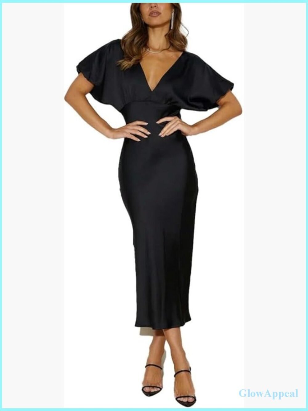 Satin V Neck Puffy Sleeve Empire Waist Midi Dress Cocktail Party